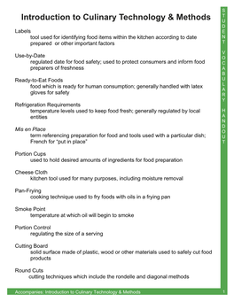 Introduction to Culinary Technology & Methods