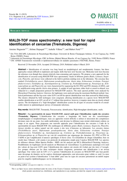 MALDI-TOF Mass Spectrometry: a New Tool for Rapid Identiﬁcation of Cercariae (Trematoda, Digenea)