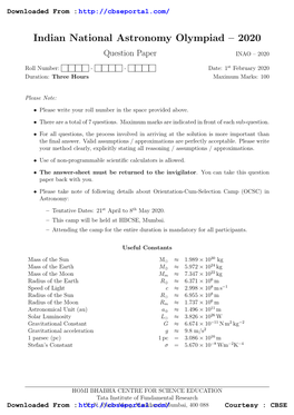 Indian National Astronomy Olympiad – 2020