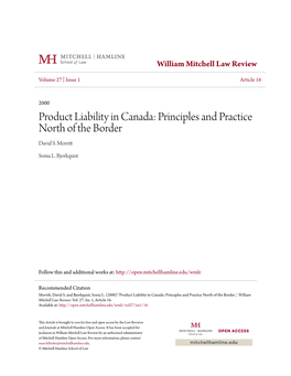 Product Liability in Canada: Principles and Practice North of the Border David S