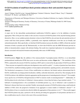 O-Glcnacylation of Small Heat Shock Proteins Enhances Their Anti-Amyloid Chaperone Activity