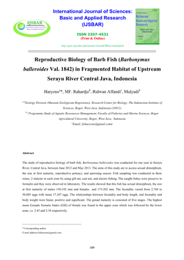 Reproductive Biology of Barb Fish (Barbonymus Balleroides Val. 1842) in Fragmented Habitat of Upstream Serayu River Central Java, Indonesia