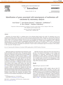Identification of Genes Associated with Tumorigenesis of Meibomian Cell Carcinoma by Microarray Analysis ⁎ Arun Kumar A, , Syril Kumar Dorairaj B, Venkatesh C