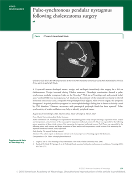 Pulse-Synchronous Pendular Nystagmus Following Cholesteatoma Surgery