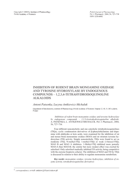 Inhibition of Rodent Brain Monoamine Oxidase and Tyrosine Hydroxylase by Endogenous Compounds – 1,2,3,4-Tetrahydroisoquinoline Alkaloids