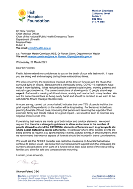 Dr Tony Holohan Chief Medical Officer Chair of the National Public Health Emergency Team Department of Health Miesian Plaza Dublin 2 Vía Email: Cmo@Health.Gov.Ie C.C