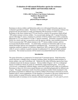 Evaluation of Wild Annual Helianthus Species for Resistance to Downy Mildew and Sclerotinia Stalk Rot