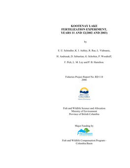 Kootenay Lake Fertilization Experiment, Years 11 and 12(2002 and 2003)