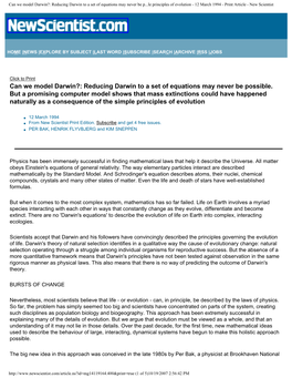 Can We Model Darwin?: Reducing Darwin to a Set of Equations May Never Be P...Le Principles of Evolution - 12 March 1994 - Print Article - New Scientist
