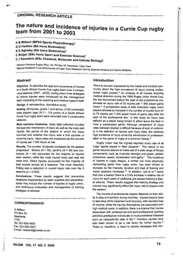 The Nature and Incidence of Injuries in a Currie Cup Rugby Team from 2001 to 2003