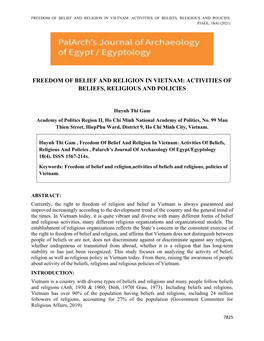 Freedom of Belief and Religion in Vietnam: Activities of Beliefs, Religious and Policies Pjaee, 18(4) (2021)