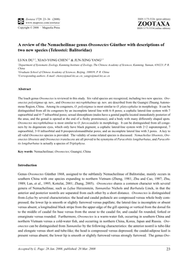 Zootaxa, a Review of the Nemacheilinae Genus Oreonectes