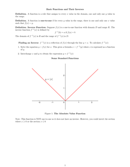 Basic Functions and Their Inverses Definition. a Function Is a Rule That