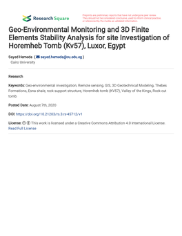 Geo-Environmental Monitoring and 3D Finite Elements Stability Analysis for Site Investigation of Horemheb Tomb (Kv57), Luxor, Egypt