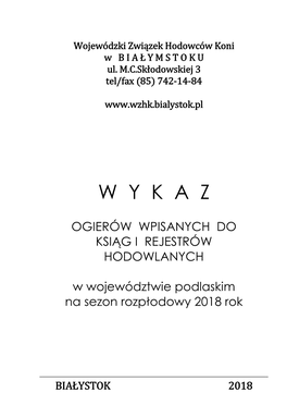 11). Wykaz Ogierów Na Sezon Rozpłodowy 2018 W Województwie