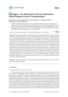 Hydrogen—An Alternative Fuel for Automotive Diesel Engines Used in Transportation