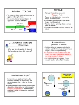 REVIEW: TORQUE TORQUE L-11 Rotational Inertia and Momentum