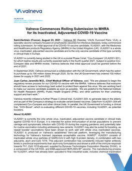 Valneva Commences Rolling Submission to MHRA for Its Inactivated, Adjuvanted COVID-19 Vaccine