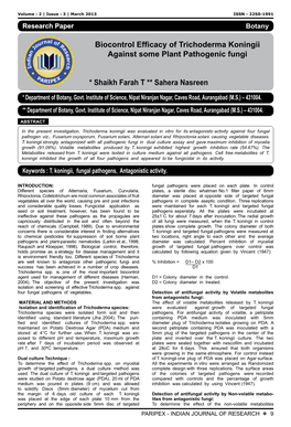 Biocontrol Efficacy of Trichoderma Koningii Against Some Plant Pathogenic Fungi