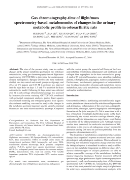 Gas Chromatography‑Time of Flight/Mass Spectrometry‑Based Metabonomics of Changes in the Urinary Metabolic Profile in Osteoarthritic Rats