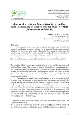 Influence of Protein and Fat Contained in the Sunflower on the Number and Population Crowded Sunflower Moth (Homoesoma Nebulella Hb.)