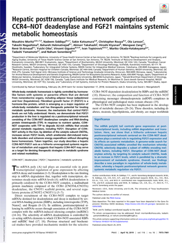 Hepatic Posttranscriptional Network Comprised of CCR4–NOT Deadenylase and FGF21 Maintains Systemic Metabolic Homeostasis