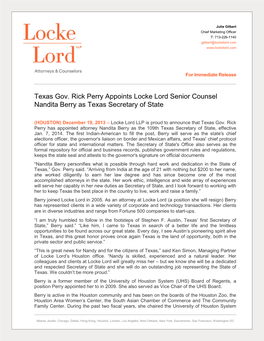 Texas Gov. Rick Perry Appoints Locke Lord Senior Counsel Nandita Berry As Texas Secretary of State