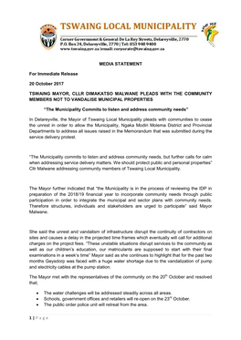 1 | Page MEDIA STATEMENT for Immediate Release 20 October