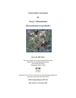Conservation Assessment for Torrey's Mountainmint (Pycnanthemum