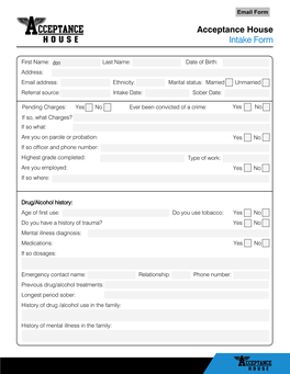 Acceptance House Intake Form