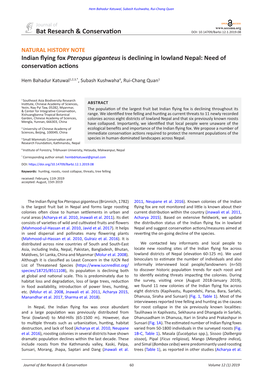 Indian Flying Fox Pteropus Giganteus Is Declining in Lowland Nepal: Need of Conservation Actions