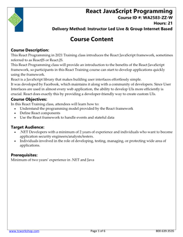 React Javascript Programming Course Content