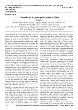 Thomas Hardy Reception and Reputaion in China Chen Zhen Phd, Teacher of School of Foreign Languages, Qinghai University for Nationalities