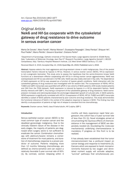 Original Article Nek6 and Hif-1Α Cooperate with the Cytoskeletal Gateway of Drug Resistance to Drive Outcome in Serous Ovarian Cancer