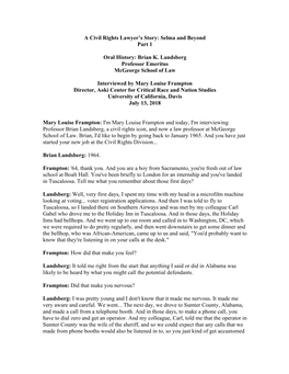 A Civil Rights Lawyer's Story: Selma and Beyond Part 1 Oral History: Brian K. Landsberg Professor Emeritus Mcgeorge School Of