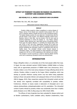 Effect of Powdery Mildew on Mango Chlorophyll Content and Disease Control