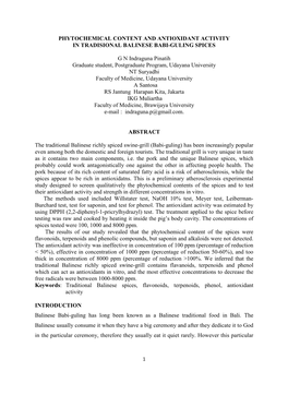 PHYTOCHEMICAL CONTENT and ANTIOXIDANT ACTIVITY in TRADISIONAL BALINESE BABI-GULING SPICES G N Indraguna Pinatih Graduate Stude