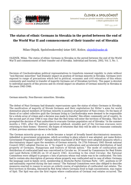 The Status of Ethnic Germans in Slovakia in the Period Between the End of the World War II and Commencement of Their Transfer out of Slovakia