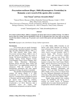 Proceratium Melinum (Roger, 1860) (Hymenoptera: Formicidae) in Romania: a New Record of the Species After a Century