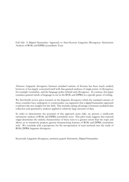 Full Title: a Digital Humanities Approach to Inter-Korean Linguistic Divergence: Stylometric Analysis of ROK and DPRK Journalistic Texts