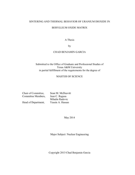 Sintering and Thermal Behavior of Uranium Dioxide In