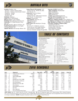 Buffalo Bits 2018 Schedule Table of Contents