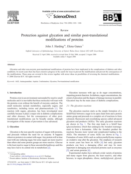 Protection Against Glycation and Similar Post-Translational Modifications of Proteins ⁎ John J