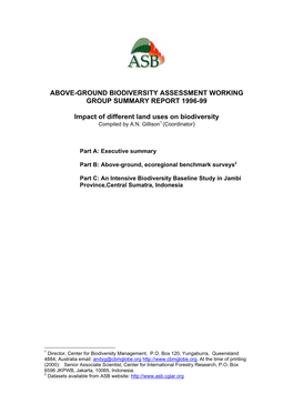 Above-Ground Biodiversity Assessment Working Group Summary Report 1996-99