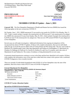 NH DHHS COVID-19 Update – June 1, 2021