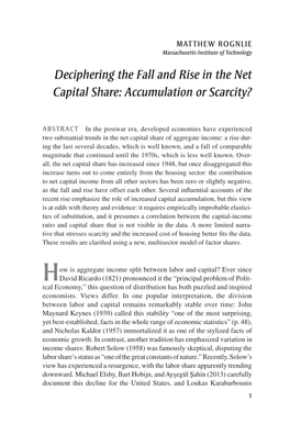 Deciphering the Fall and Rise in the Net Capital Share: Accumulation Or Scarcity?