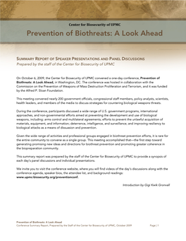 Prevention of Biothreats: a Look Ahead