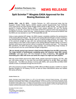 NEWS RELEASE Split Scimitar™ Winglets EASA Approved for the Boeing Business Jet