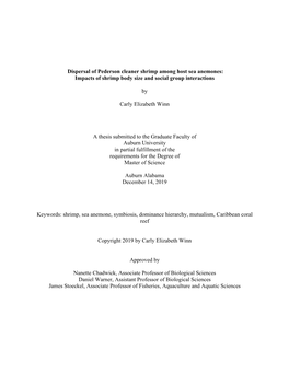 Dispersal of Pederson Cleaner Shrimp Among Host Sea Anemones: Impacts of Shrimp Body Size and Social Group Interactions