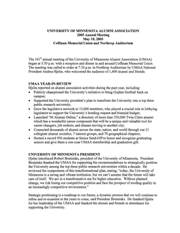 UNIVERSITY of MINNESOTA ALUMNI ASSOCIATION 2005 Annual Meeting May 10,2005 Coffman Memorial Union and Northrop Auditorium